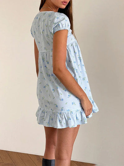 Women's Floral Print Mini Dress Short Sleeve Square Neck Ruffle Hem Babydoll Dress Casual Dress Y2k Gingham Streetwear
