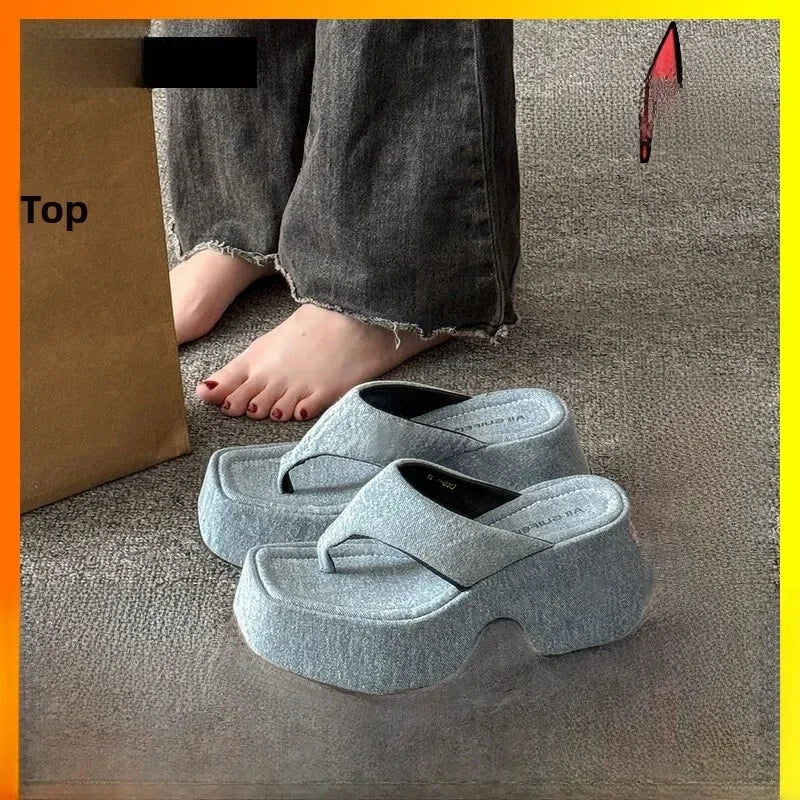 Women's Summer Outdoor Platform Sandals Flip Flops High Heel Thi Bot Clog oes Heightening Slippers Korean Sle PU Mat...