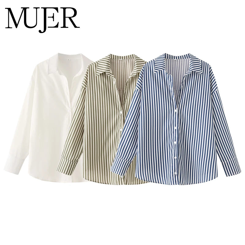 MUJER Striped Casual Shirts for Women Summer Button up Shirts and Blouses for Woman Oversize Blouse Women Long Sleeve Tops Woman