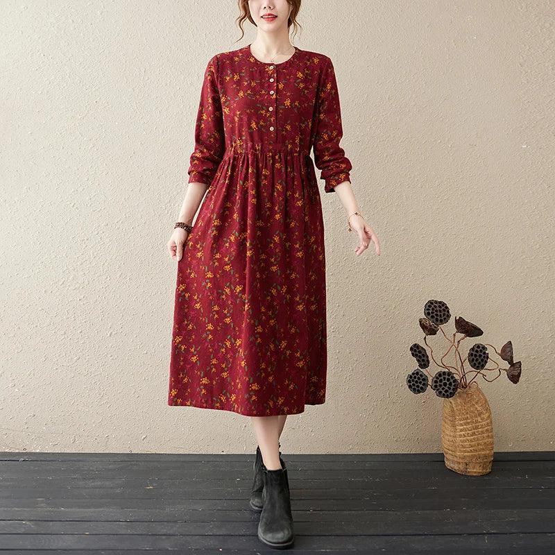 Long Sleeve Cotton Linen Vintage Floral Print Dresses For Women 2025 New Spring Autumn Casual Dress Robe Femme Elegant Clothing