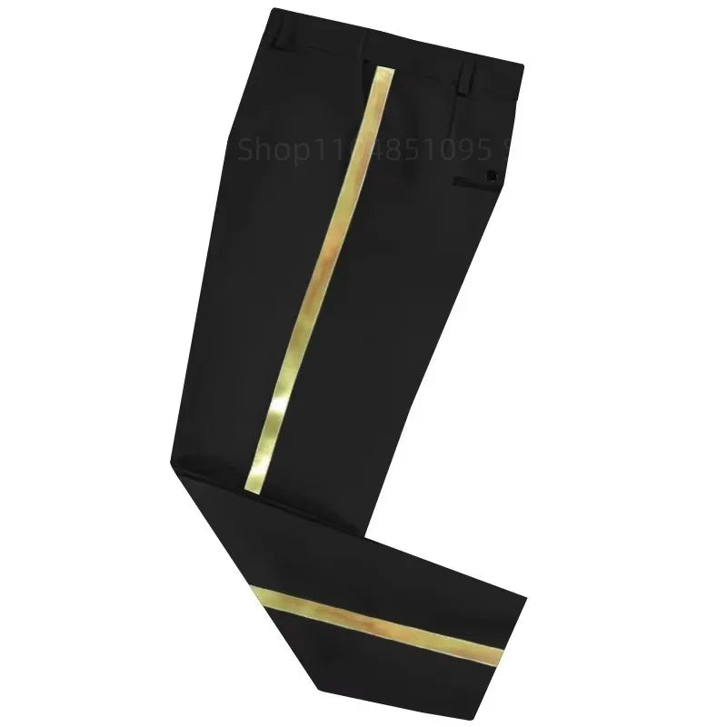 XS-6XL Men's Black Suit Pants Gold Leather Trim Casual Male Formal Business Office Pants Elastic Straight Formal Trousers