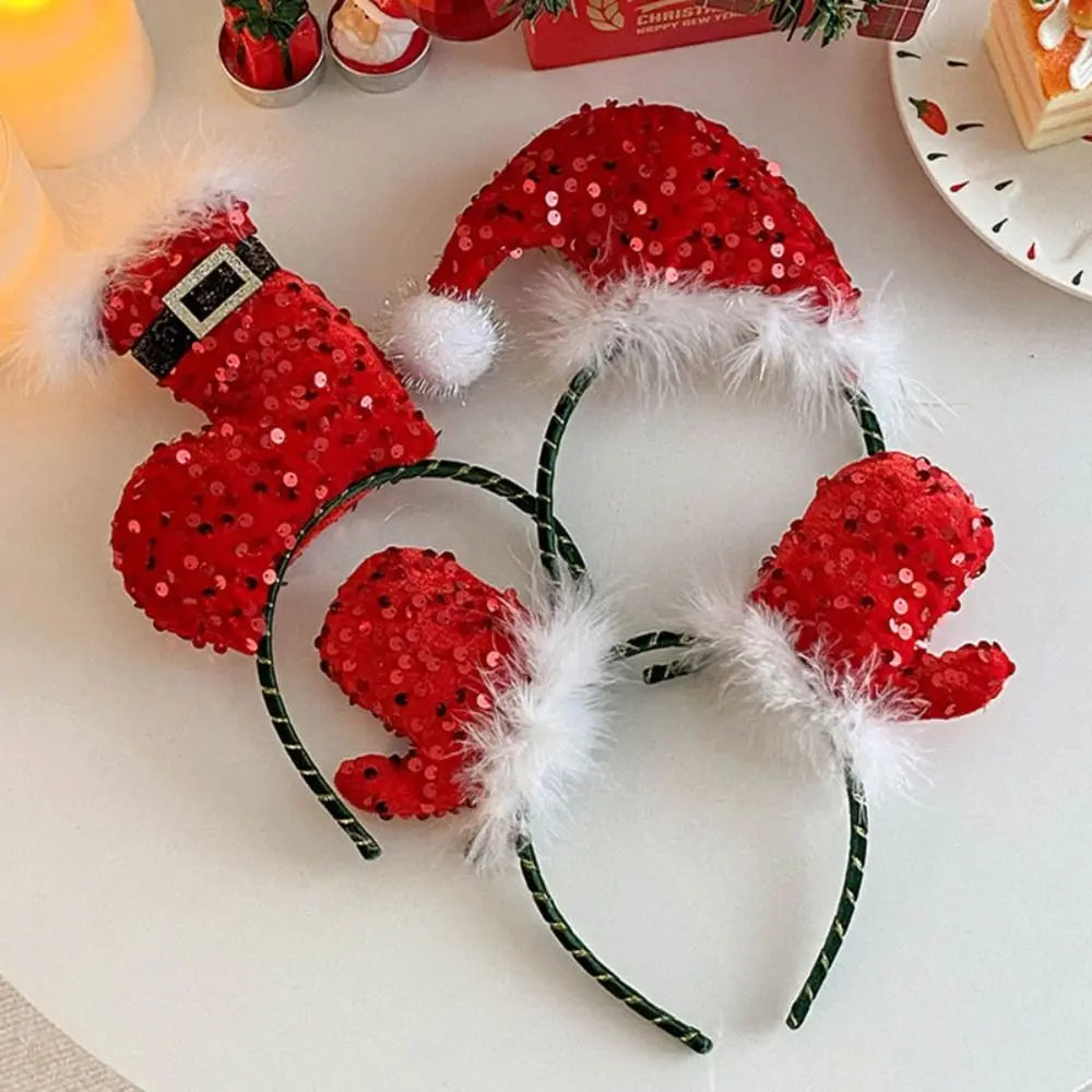 Headwear Sequin Merry Christmas Headbands Festival Red Christmas Hat Hair Hoop Dress Up Plush Holiday Decor