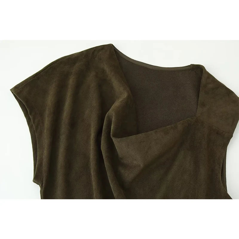 Chic Fashion Suede Autumn Dress Slim Long Dresses For Women Pleated Midi Dress Woman Sleeveless Asymmetry Casual Dresses