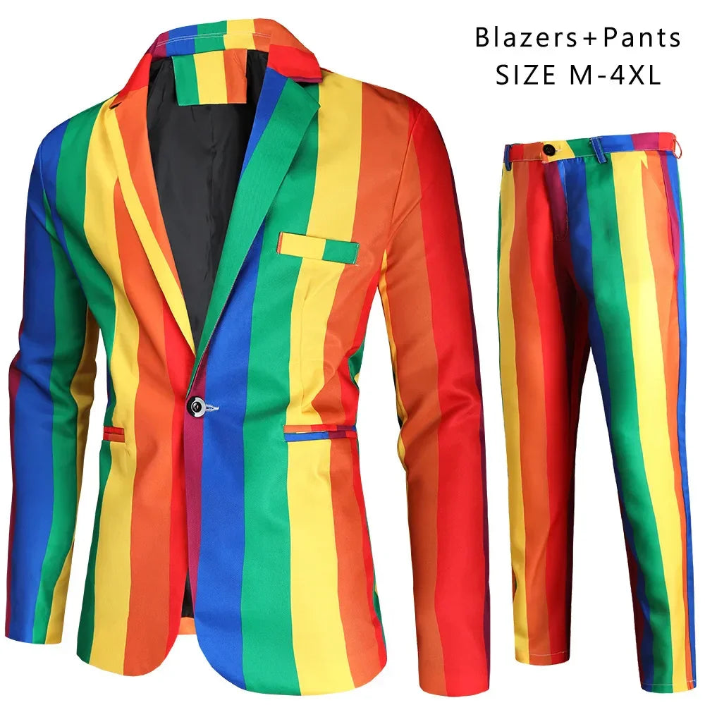 Men's Blazers Sets Rainbow Striped Print Blazers Jacket+Pants+Vest Man three Pieces Sets Prom Party Stage Singer Dancer Costumes