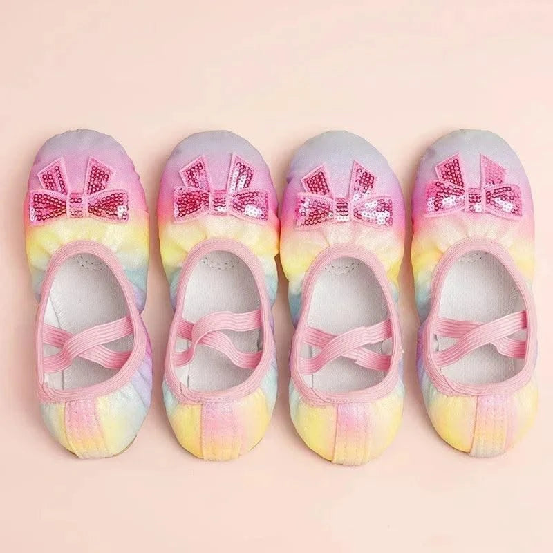 Children's Dance Shoes Girls Ballet Flats Shoes Rainbow Bow Sequins Leather Soft Soled Dance Performance Skate Sport Yoga Shoes