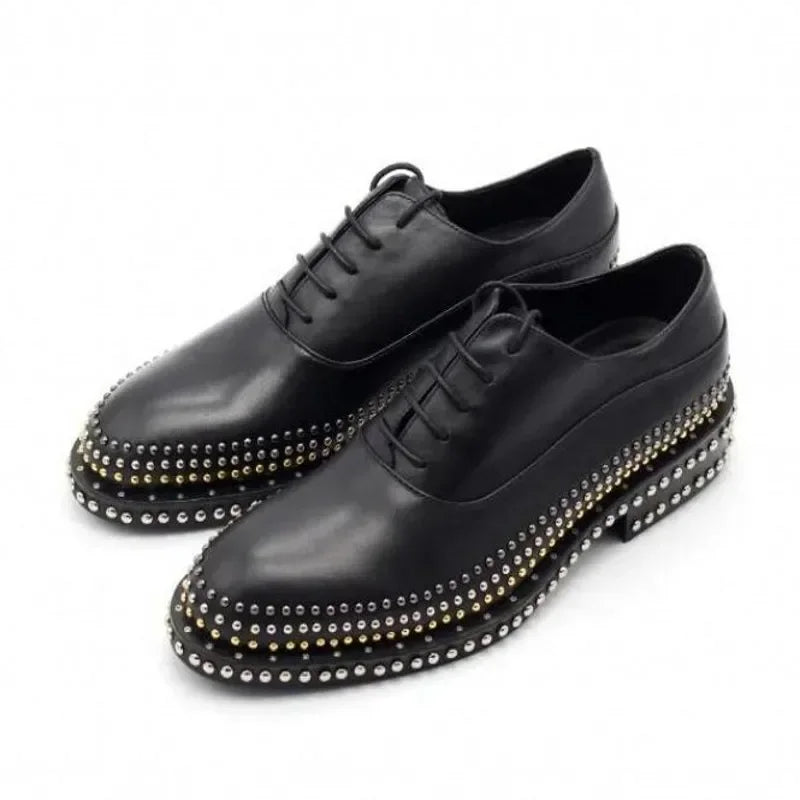 Handmade Rivets Brogue Shoes Wedding Dress Shoe Cow Genuine leather Men Oxfords  Plus Size 38-45