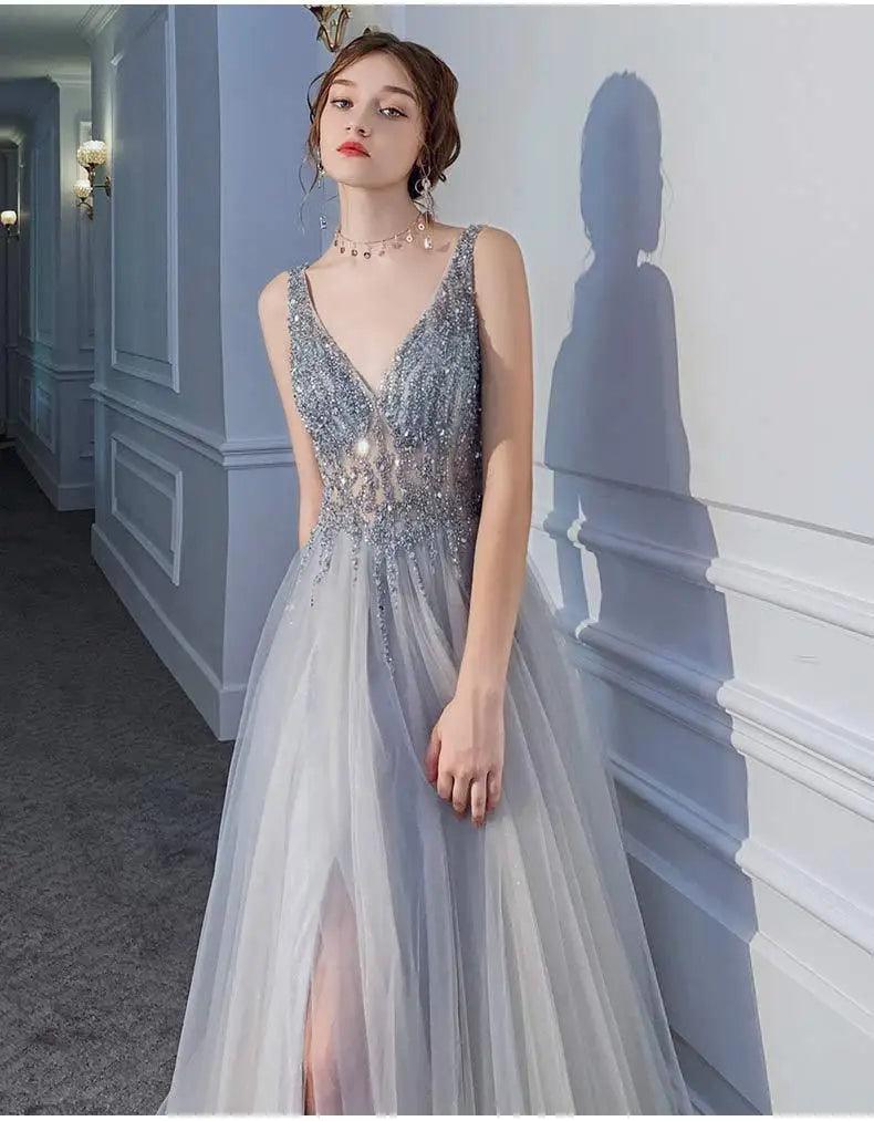 Women’s evening dresses sexy v-neck luxury formal party gown backless beads sequins tulle side split banquet dress