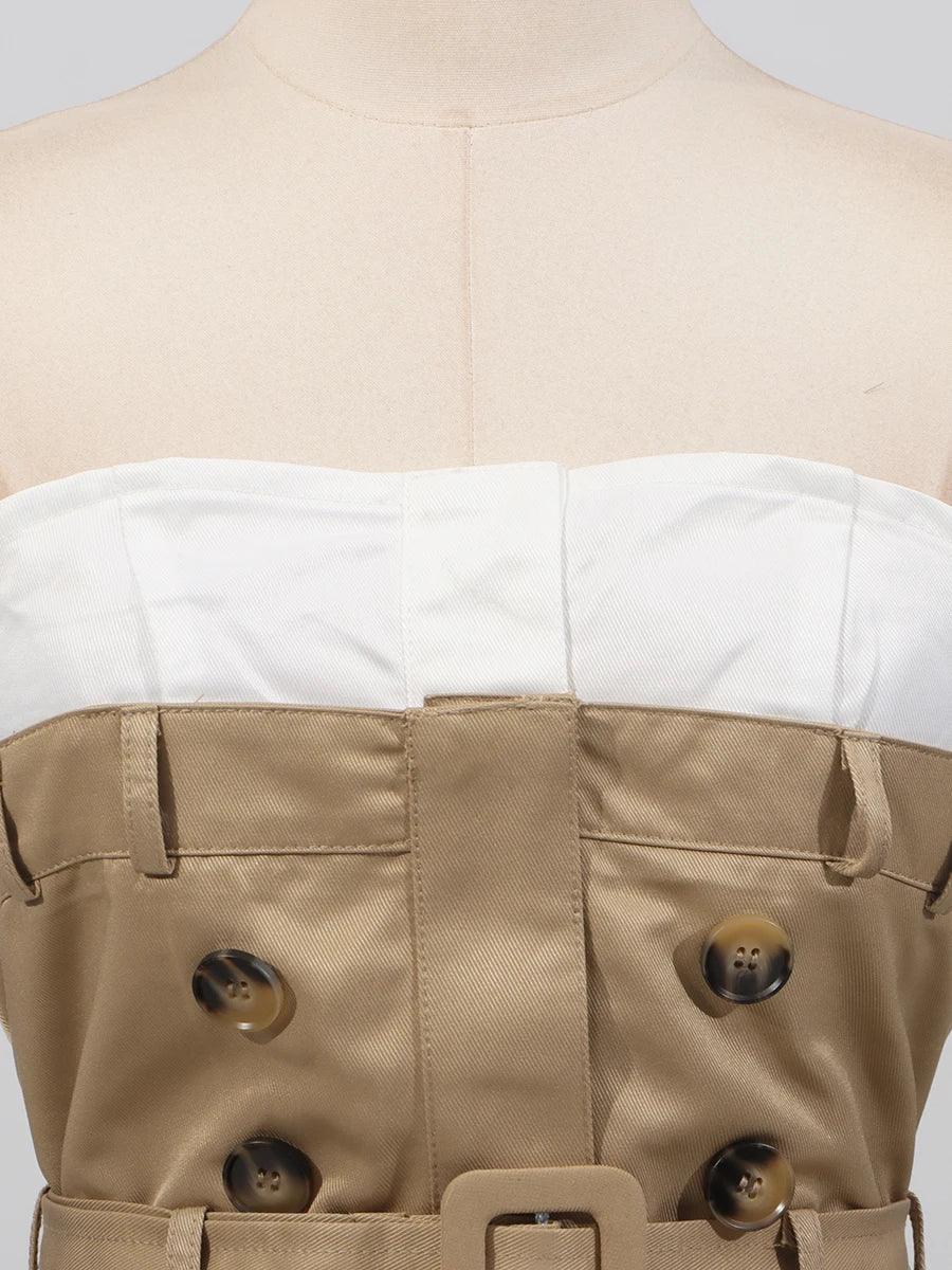 VGH Ameican Retro Irregular Cargo Dresses for Women Strapless Sleeveless High Waist Spliced Double Sashaes Midi Dress Female New