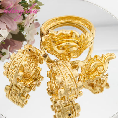Fashion Jewelry Set for Women Large Hoop Earrings and Bangle Ring Weddings Bride Trendy Bracelet and Earrings Jewelry Set