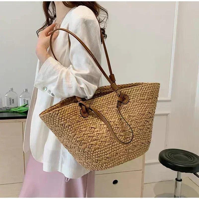 Designer bohemian chic shoulder bag,solid color large capacity straw woven tote bag,nature-inspired beach vacation