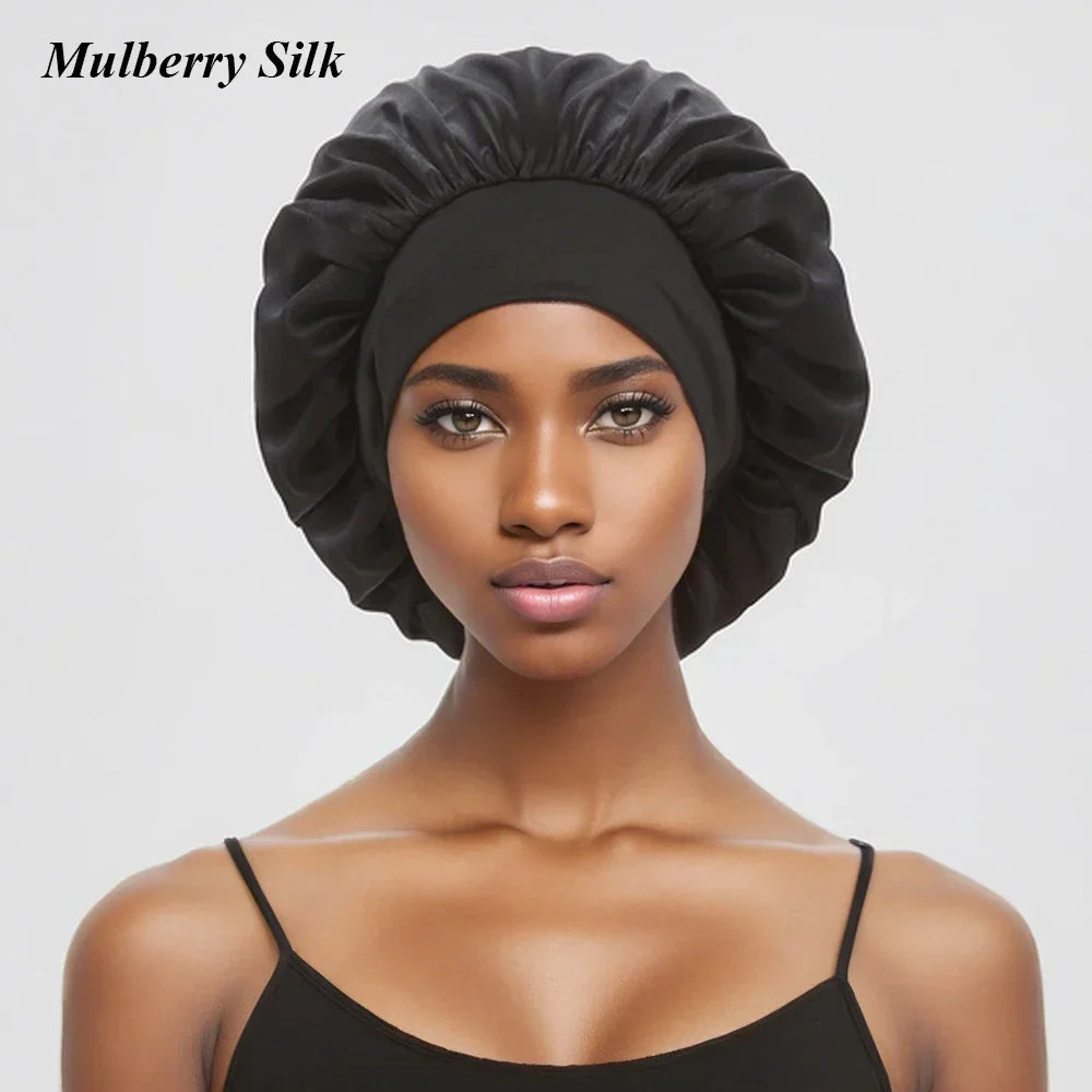 100% Real Mulberry Silk Bonnet for Sleeping Women Large Hair Care Bonnet for Long Curly Hair with Soft Elastic Band