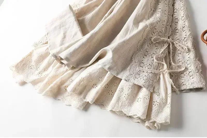Vintage chic embroidery linen cotton long skirts women summer elastic high waist pleated maxi skirt female elegant
