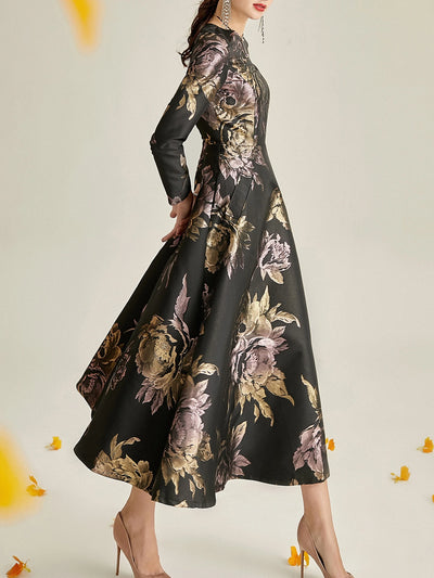 Luxury Women Long Maxi Jacquard Dress Spring Autumn Boho Floral Fashion Clothing Ladies Party Evening Ball Gown