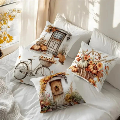 Home Decor Autumn Scenes: Door, Bicycle, Basket Decor Pattern Cushion Cover Suitable for Sofa Bedroom Car Pillow Cover