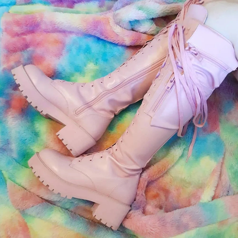 Knee High Boots Women Cool Goth Zipper Design Pocket Lace Up Chunky Heel High Quality Shoes Woman Fashion Popualr Big Size 35-43