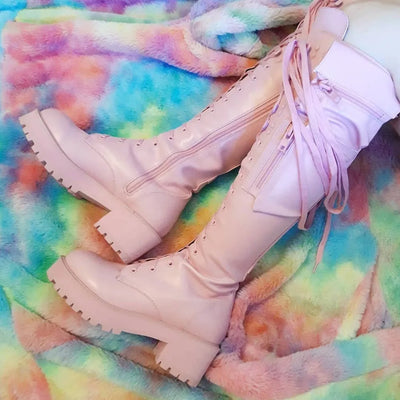 Knee High Boots Women Cool Goth Zipper Design Pocket Lace Up Chunky Heel High Quality Shoes Woman Fashion Popualr Big Size 35-43