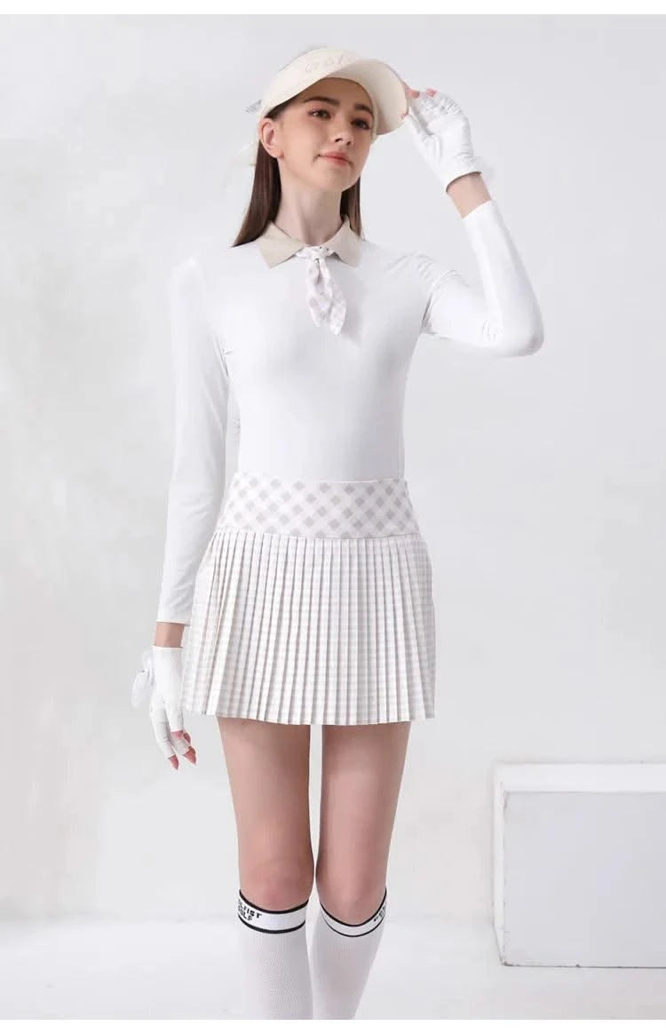Women's Golfwear for  Slim-Fit Long-Sleeve Top with Polo Collar and Bow Tie, High-End Golf Hundred-Pleat Skirt Suit