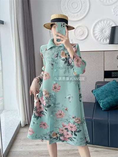 Womens Dresses Evening Dresses Fashion Holiday Style Printed Dress Spring/Summer Flower Folding Long Dress Loose Plus Size Skirt