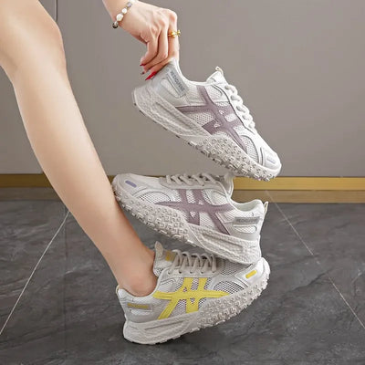 Women's Breathable Mesh Summer Running Shoes Comfortable Thick Bottom Dad Casual Shoes Versatile Pigskin Lined Rubber Soft Sole