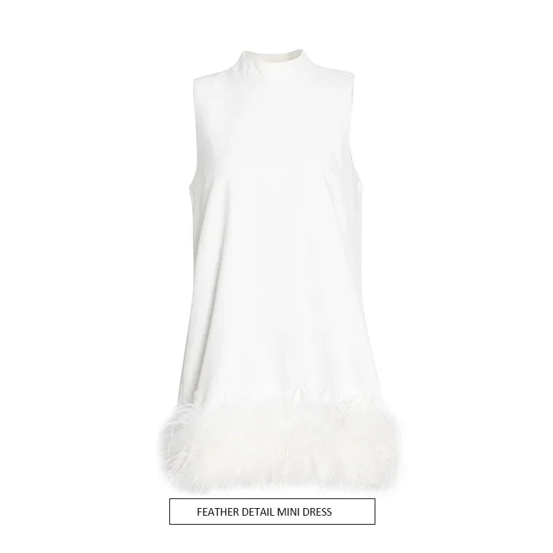 A-line Skirt 2025 Spring New Style Stand-up Collar Sleeveless Solid Color Feather Stitching Dress for Women