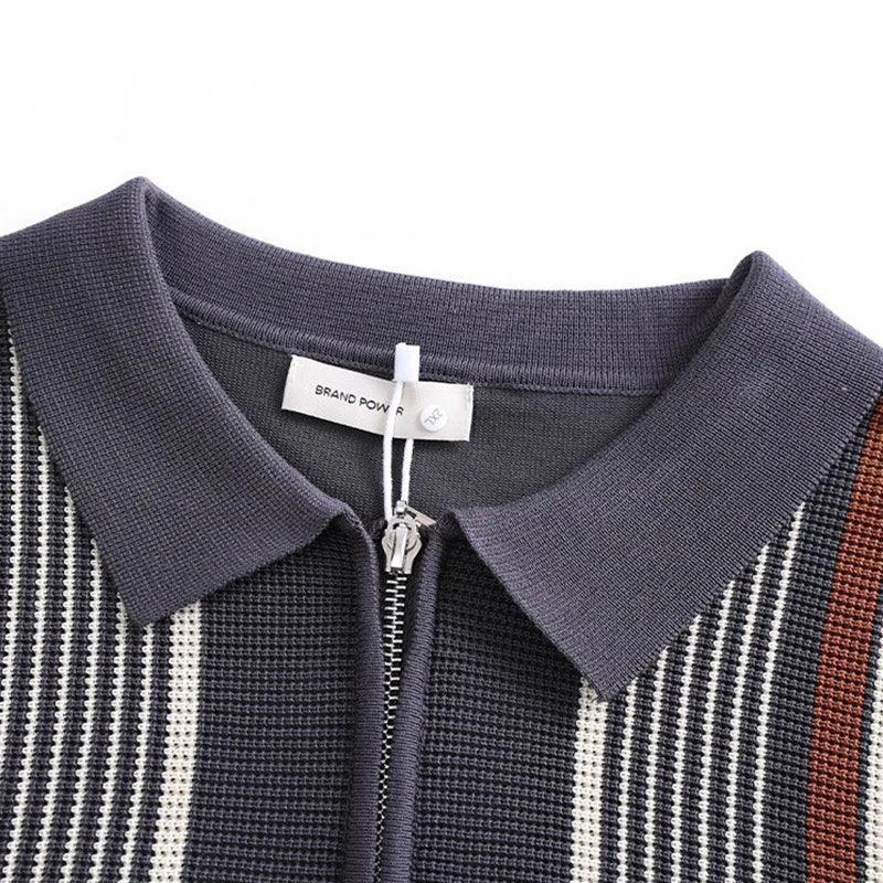 Trendy Men's Slim Knitted Polo Shirts Summer Casual Short Sleeve Zip-up Polo Neck Tops For Men Daily Leisure Striped Knit Polos