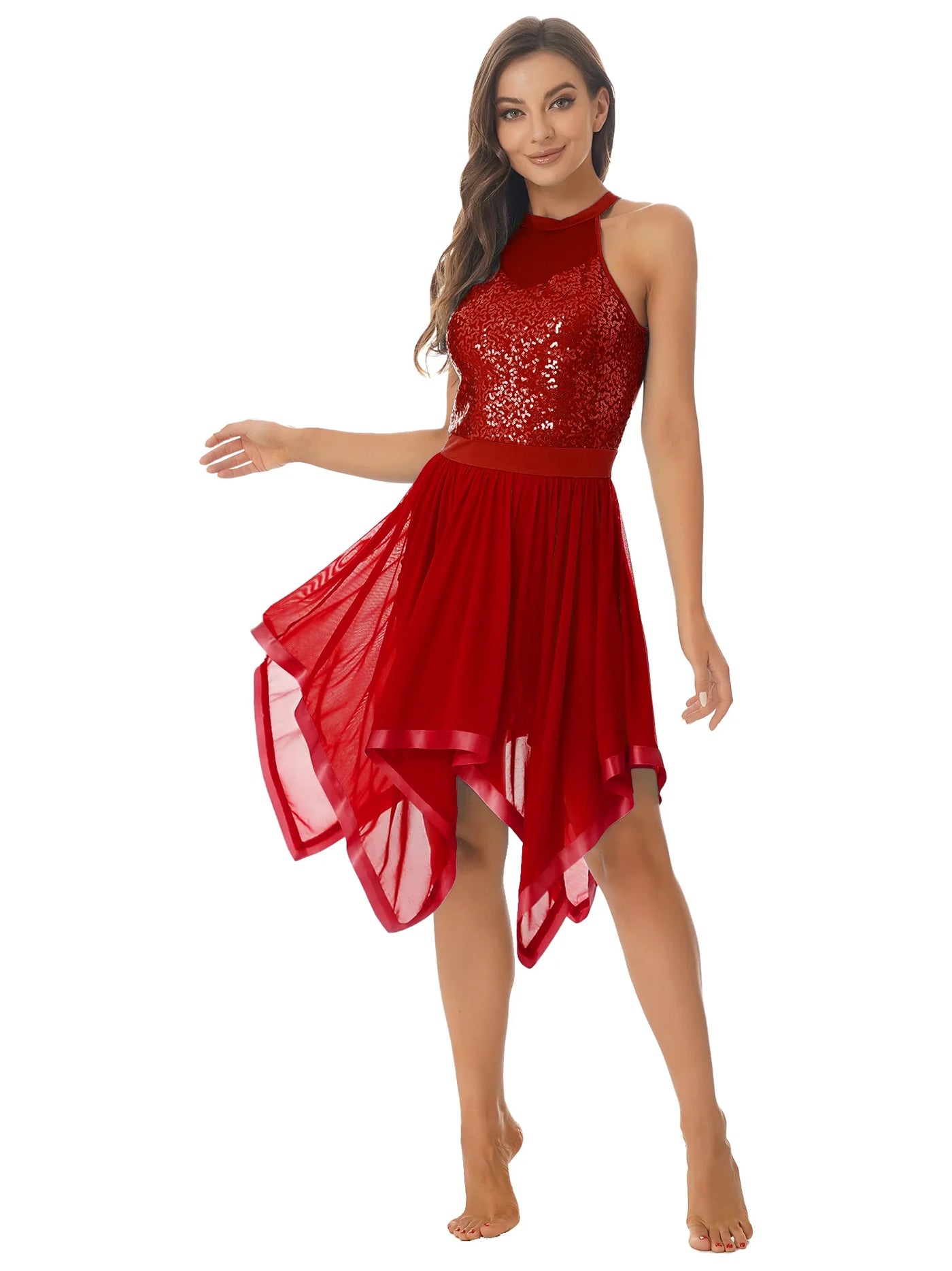 Elegant Ballet Leotards Dance Dress For Women Shiny Sequins Asymmetrical Hem Mesh Lyrical Dresses Prom Performance Costume