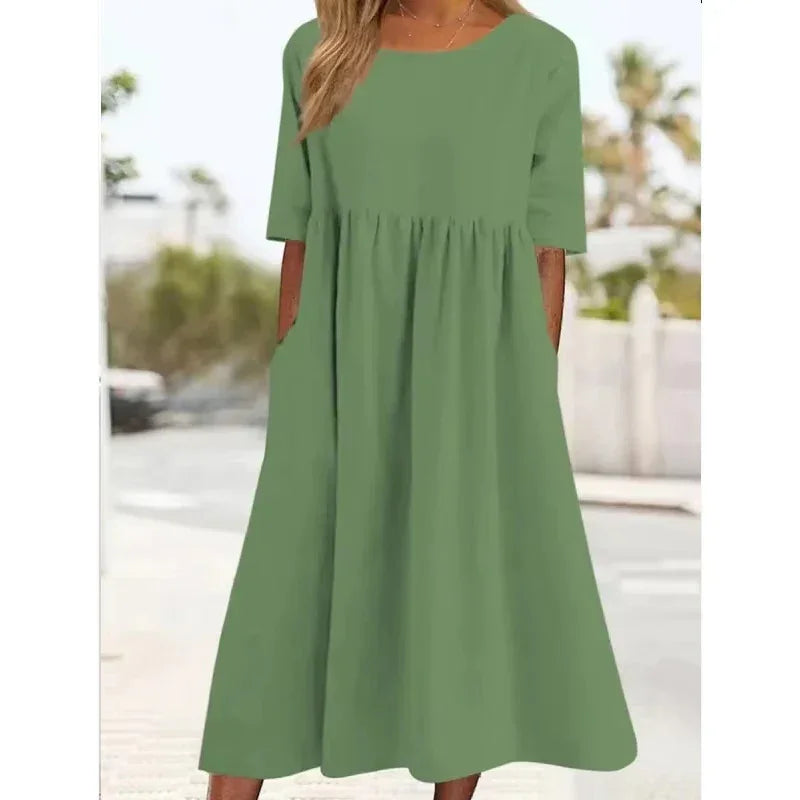 2025 Summer Cotton and Linen Dress Casual Short Sleeve Loose O-Neck Women's Dress with Pockets Simple Solid Midi Dresses 6661#