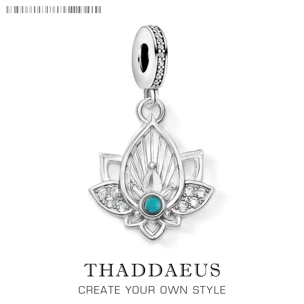 Trendy Buddhism Lotus Pendant Charm For Women Minimalist 925 Sterling Silver Turquoise Gift