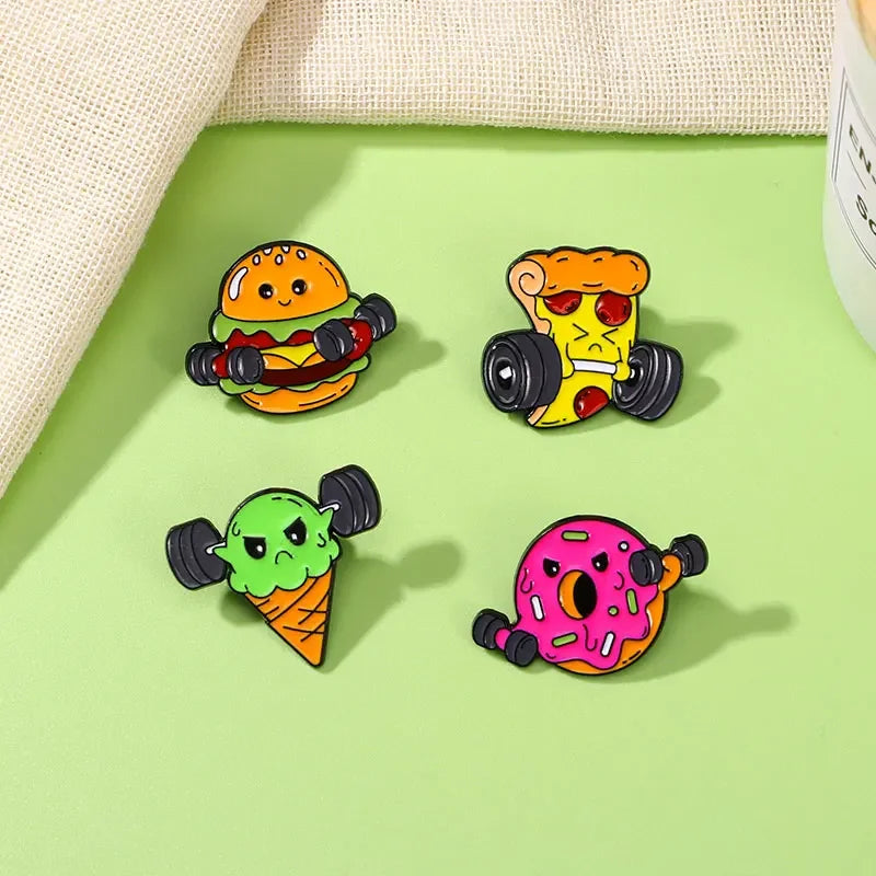 New Statement Fitness Food Man Collection Enamel Brooch Pizza Ice Cream Barbell Hamburg Donut Dumbbell Pins