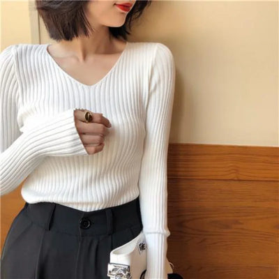 Autumn Women Sweaters Casual Long Sleeve Knitted V Neck Pullover Sweater Winter Femme Solid Jersey Tops Fashion Clothes