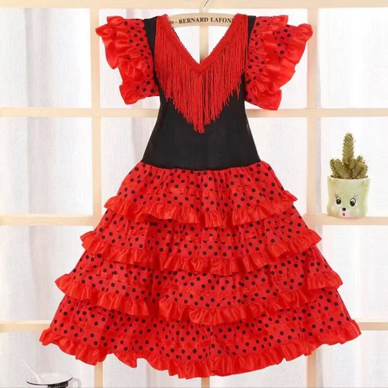 Dress Women 2025 Europe America Short Sleeve Midi Dress Traditional Spanish Dance Dress For Girls Festival Tassel Dot Dress