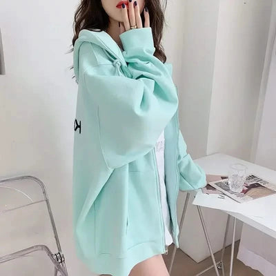 Casual Zip up Hooded Sweatshirt Candy Colour for Women Tops