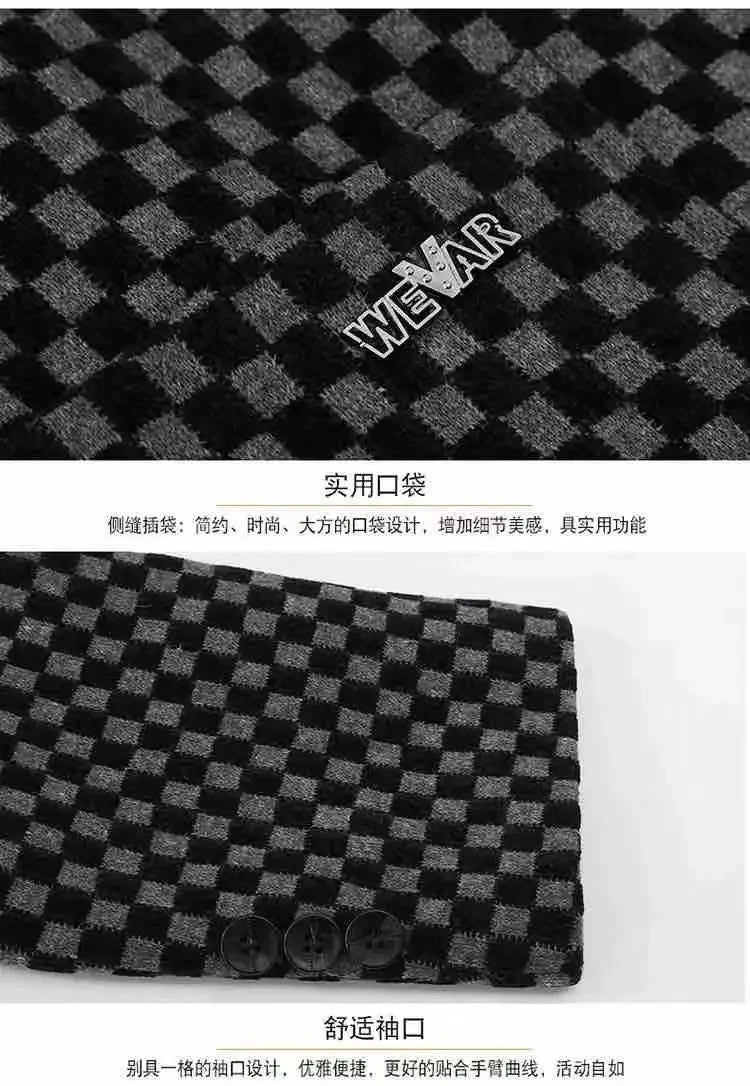 High Quality Men's Blazers Business Casual Stand Collar Woolen Jacket Classic Plaid Retro Versatile Tops Streetwear Coats