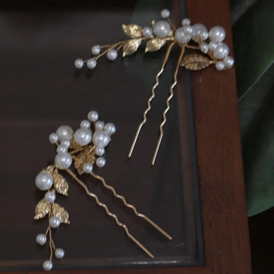 Fashion Pearls Jewelry Bridal Hair Pins Clips Girls Piece Gold Silver Color Leaf Women Wedding Prom Headpiece