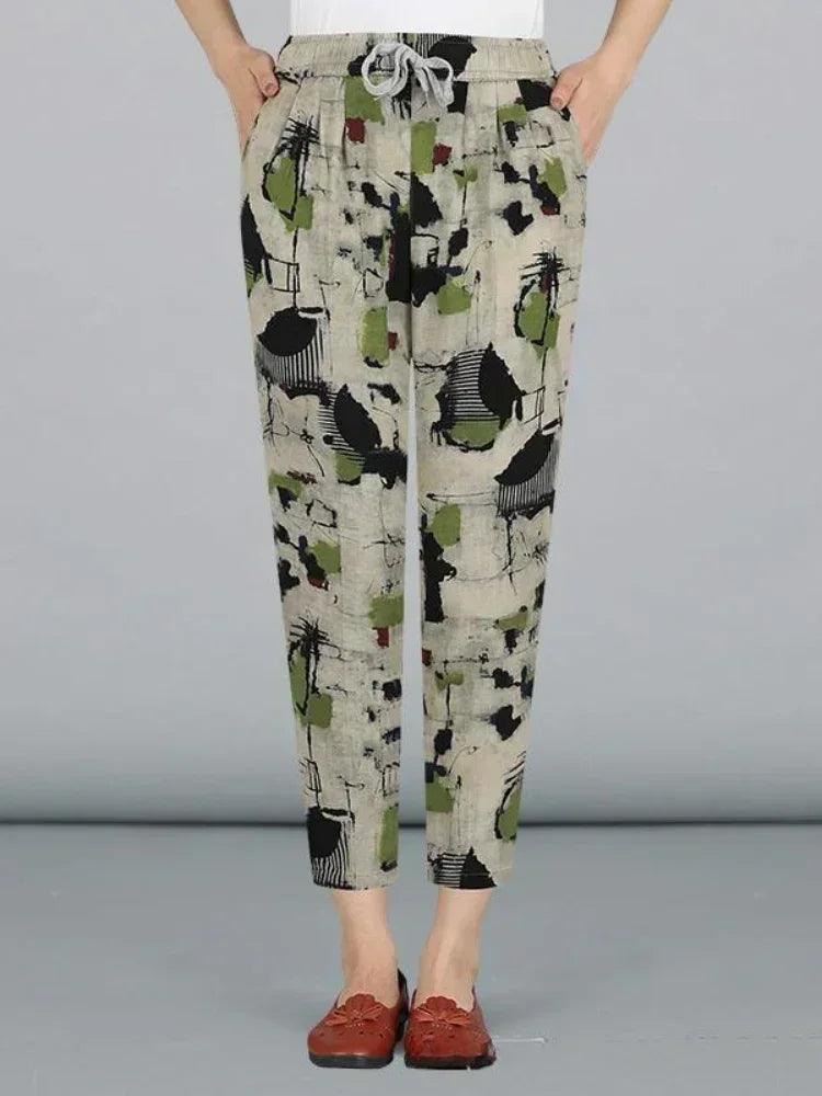 Fashion printed cotton linen harem pants for women 2025 summer casual high waist calf-length loose trousers female