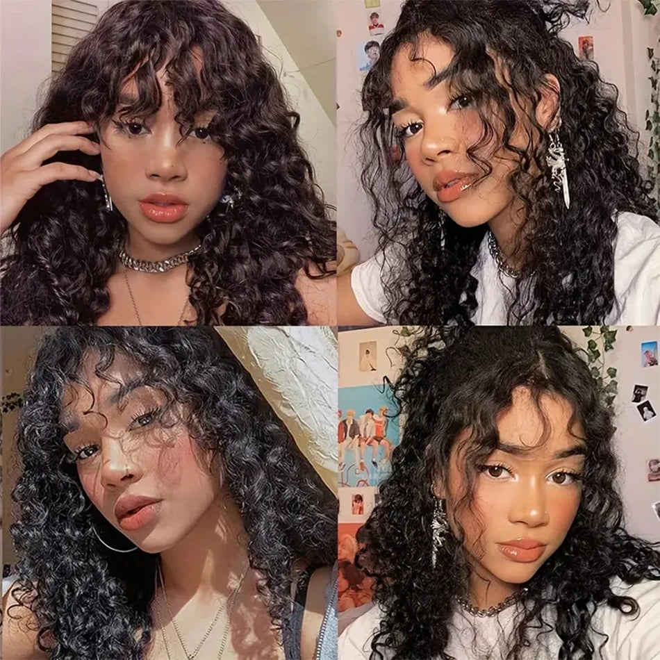 Long Curly Wig with Bangs Human Hair Full Machine Made Wear and Go Glueless Wig Water Wave Wigs with Bangs for Black Women 180%