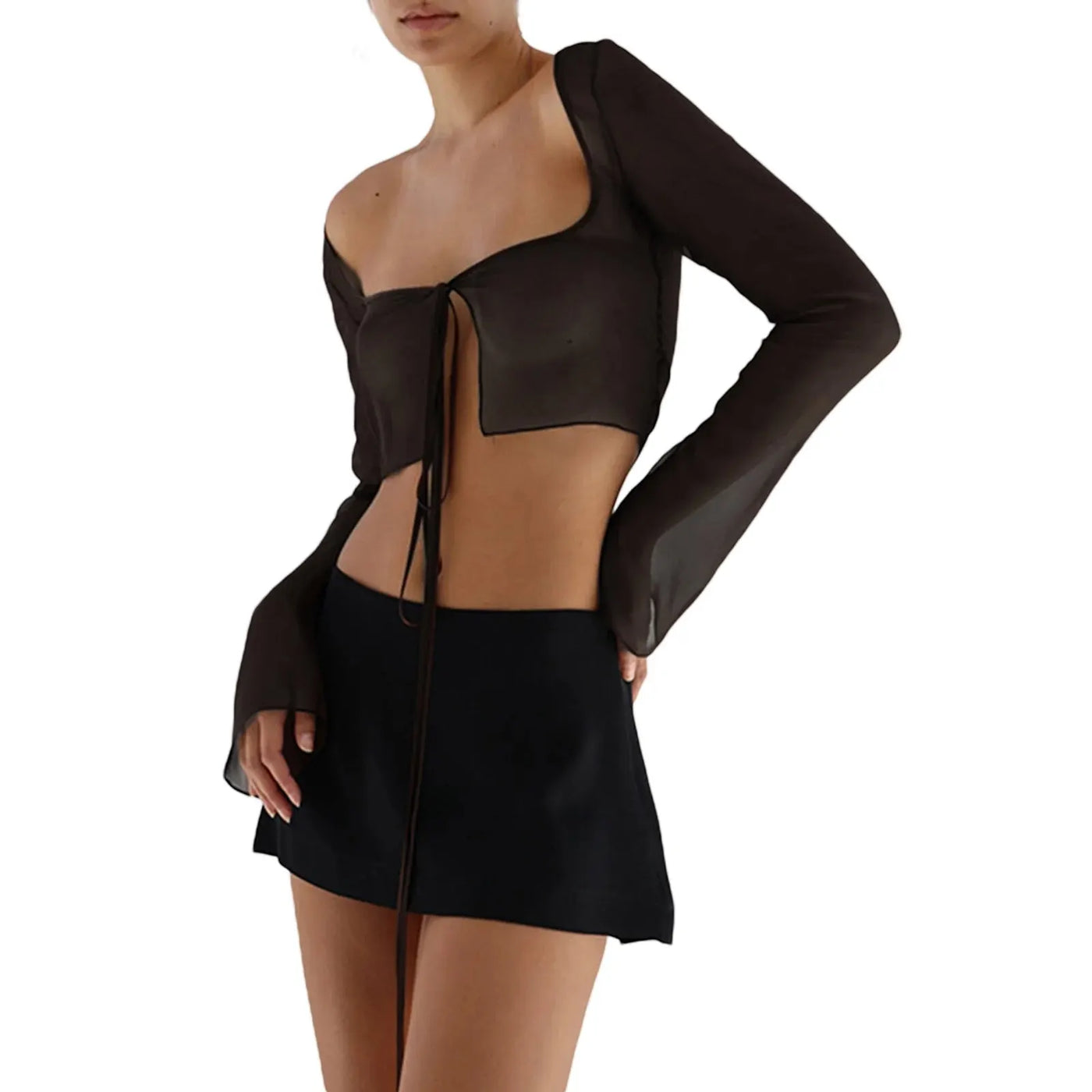 Women's Sexy Tops Long Sleeve See Through Solid uTie-Up Cardigan Mesh