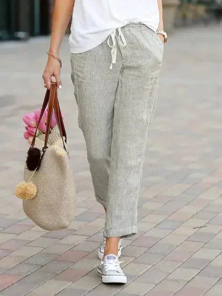 Cotton linen trousers for women solid color elastic waist casual pants drawstring loose autumn new female