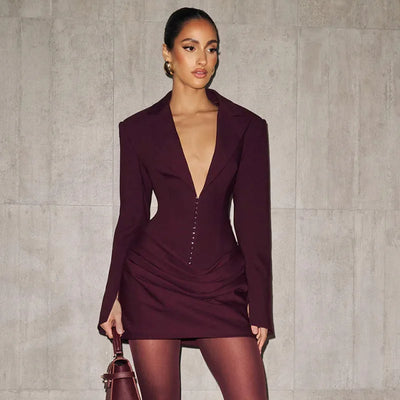Women Elegant Blazer Mini Dress Sexy Single Breasted Notched Deep V Neck Full Sleeve Ruched Bodycon Party Outfits Office Lady