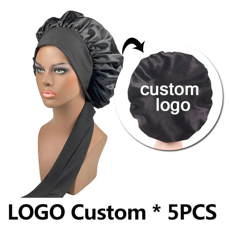 Silk Bonnet For Women Large Sleeping Cap For Hair Care Soft Satin Bonnets With Wrap Tie No Frizz No Fly Aways Hair Bonnets LOGO