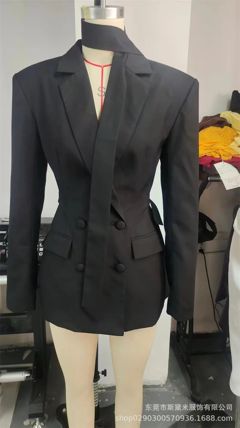 2025 New Black Women Double Breasted Blazer Elegant Belted Office Dress with Gold Buttons Slim Fit Trench Style Blazer