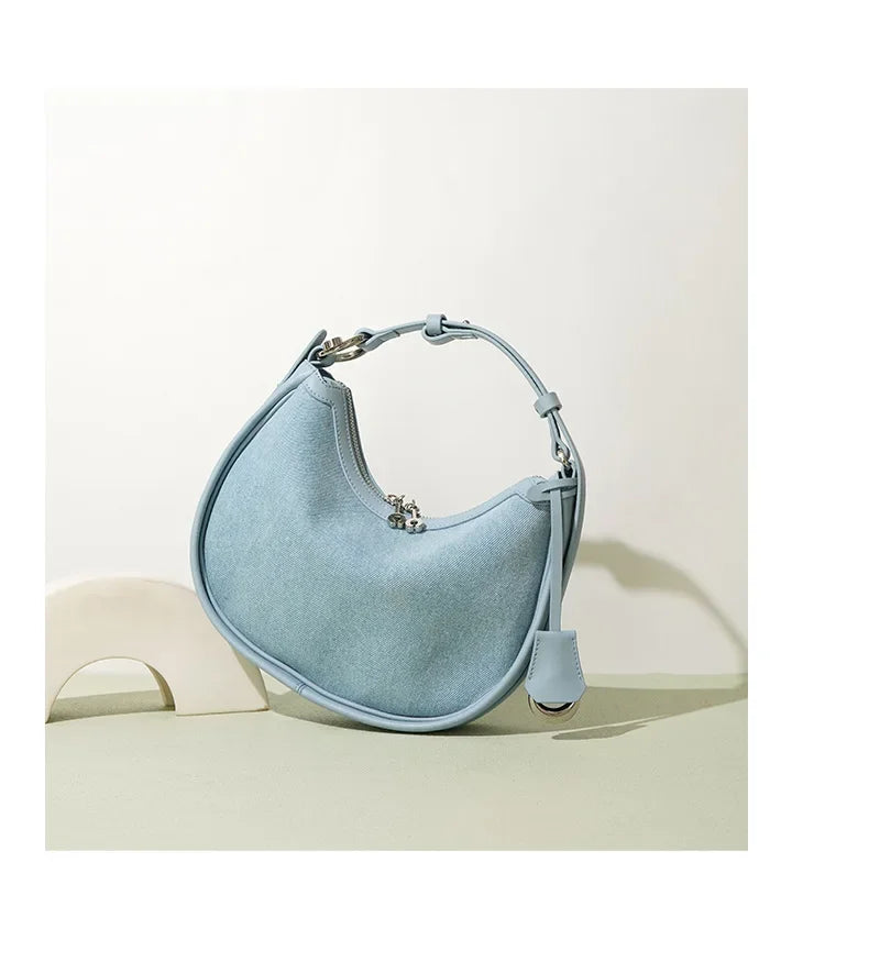 2024 New Women Bag Lady Fashion Half Moon Underarm Shoulder Bag Messenger Female Summer Soft Lightweight Denim Fabric Handbag