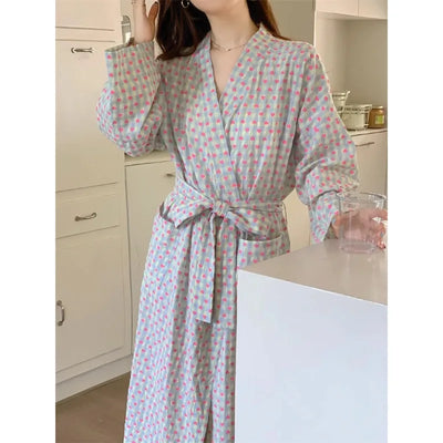bathrobe women's bathing love plaid loose long sleeve long kimono V-neck lace up trousers nightgown sexy robe women's girl
