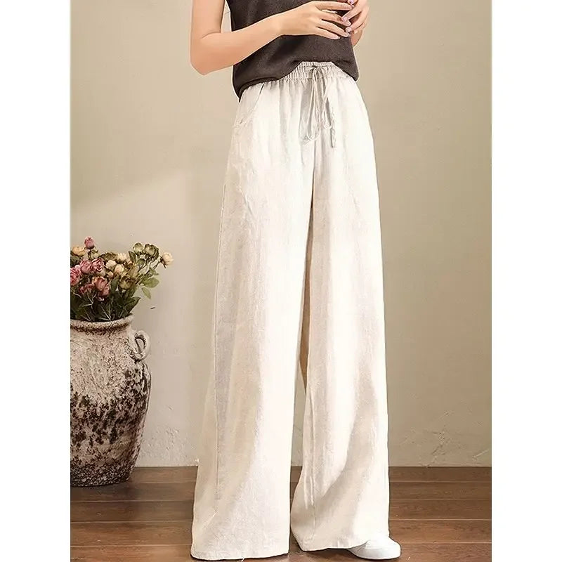 Wide-leg Pants Spring Casual Women's Versatile Loose Cotton Linen High-waist Drawstring Straight Trousers