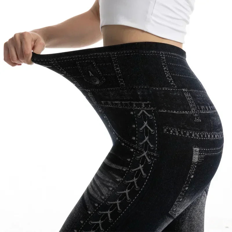 High Waist Faux Denim Leggings For Women