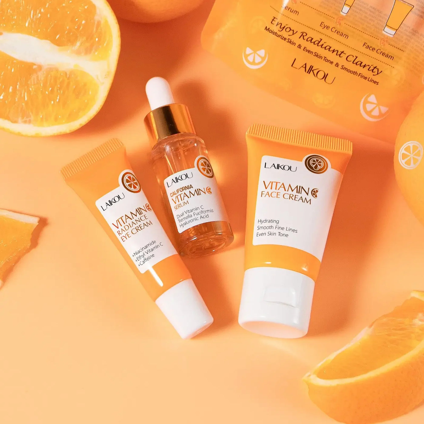 Vitamin C Skincare Set 3 Piece Serum Eye Cream Face Moisturizer Hydrating Firming Brightening Facial Care