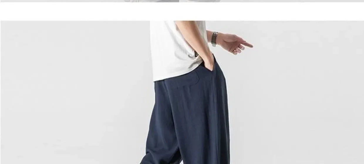 Summer Large Size Linen Cotton Wide Leg Pants Men Casual Comfortable Loose Fit Straight Leg Trousers Long Pants
