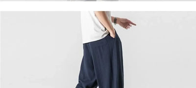 Summer Large Size Linen Cotton Wide Leg Pants Men Casual Comfortable Loose Fit Straight Leg Trousers Long Pants