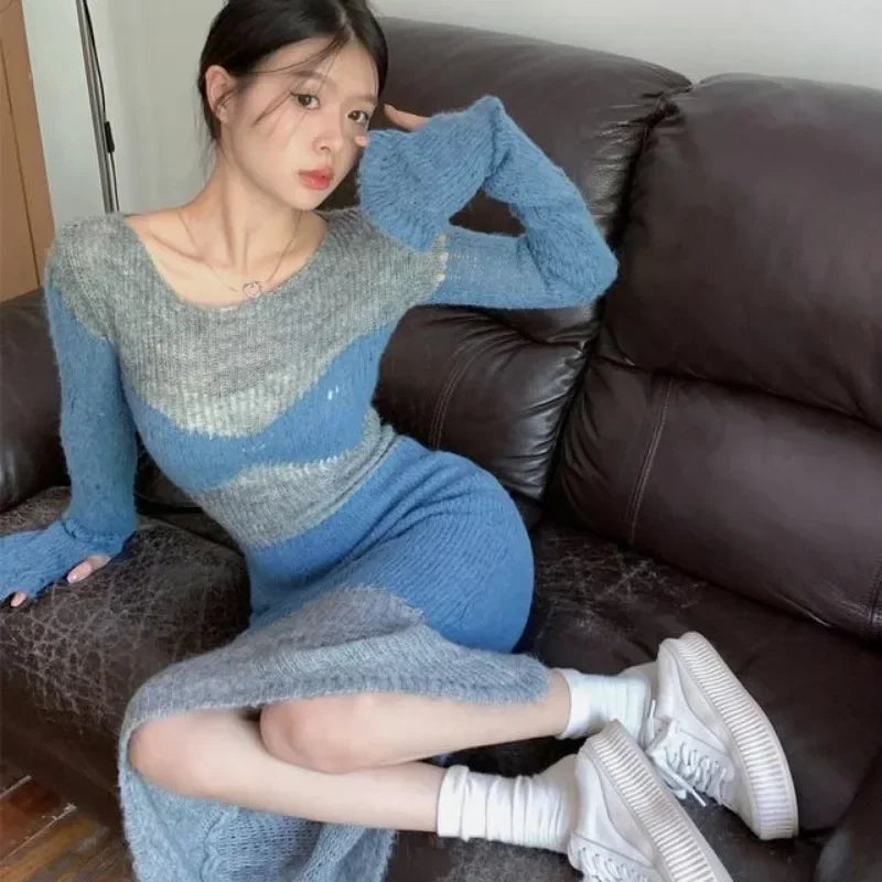 Female Knit Dress Bodycon New In Autumn and Winter Women's Crochet Dresses Vintage One Pieces G Curvy Loose Thic Elastic Kpop X