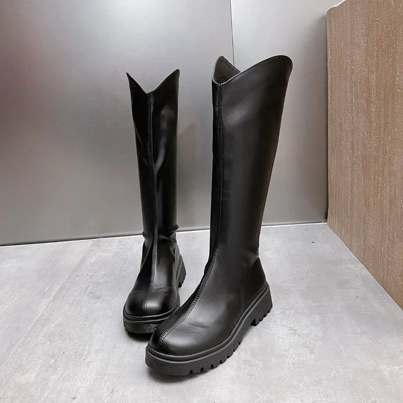 2025 New style knee-high boots for women, retro black thick-soled riding boots, fashionable, versatile and slimming long boots.